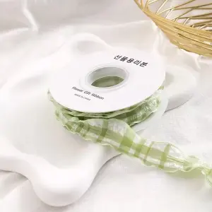 Green Plaid Crumpled Cake Ribbon - 1 Inch x 9 Meters