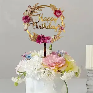 Flower Wreath Design Cake Topper, Gold Cake Top Decoration For Birthday Party
