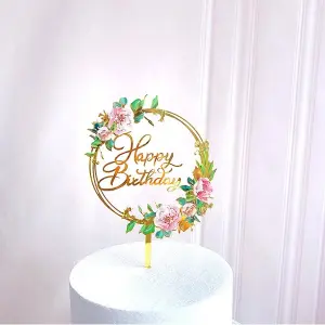 Happy Birthday Cake Toppers Gold Flower Acrylic Cake Acrylic Cupcake Topper For Various Birthday