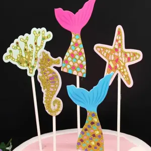 5pcs mermaid theme Seahorse & Fishtail Shaped Cake Topper set