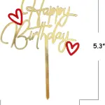 Golden happy birthday with small red hearts cake topper