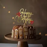 Golden happy birthday with small red hearts cake topper