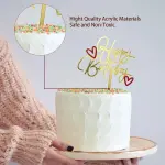 Golden happy birthday with small red hearts cake topper