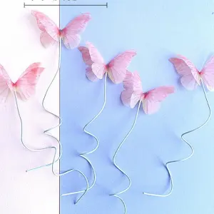 5 pcs fabric pink butterfly topper with floral wires