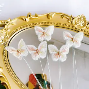5 pcs fabric white studded butterfly topper with floral wires