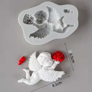 3D Angel with wings holding flowers heart silicone mould