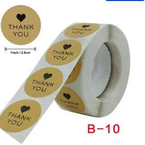 Brown thank you with heart Stickers Roll 1 Inch diameter 500 sticker roll