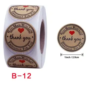 Thank you handmade with love with red red heart Stickers Roll 1 Inch diameter 500 sticker roll