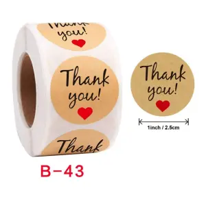 Brown Thank you with red heart Stickers Roll 1 Inch diameter 500 sticker roll