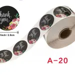 Black floral Thank Stickers Roll 1 Inch diameter 500 sticker roll