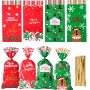 4 Mixed Design Christmas Loaf / Candy / cookies Bags with golden ties (1 PACK =50 pcs) STYLE 14