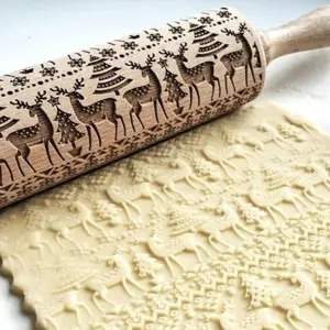 Reindeer Christmas tree Christmas theme Wooden Rolling Embossed Rolling Pin