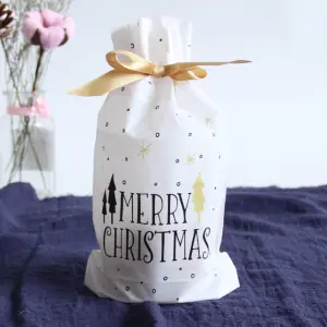 White and Gold Christmas Loaf / Candy / cookies Bags with attached Drawstrings (1 PACK = 10 BAGS) STYLE 15
