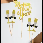 6 pcs set of golden celebration bottle and happy new year cake topper set