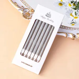 Silver Thin Long Cake Candles with Holder (Set of 6)