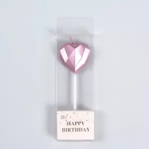 3D Diamond Heart & Star Metallic Pink Cake Candle Set