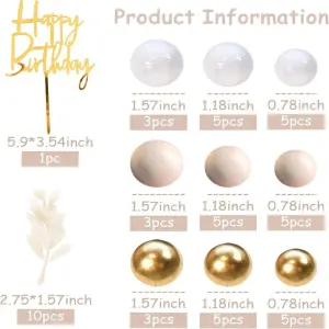 50pc Happy Birthday Cake Topper Faux Ball & Leaf Set