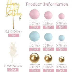 50pc Happy Birthday Cake Topper Faux Ball & Leaf Set