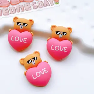3 pcs Small teddy holding red heart cake topper set