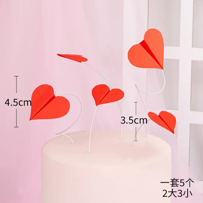 5 pcs 3d paper heart with floral wires cake topper set