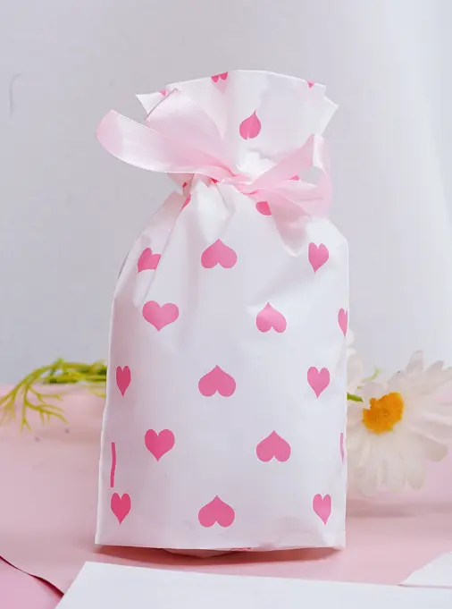 50 pcs heart print Cookie pouch set with ribbon