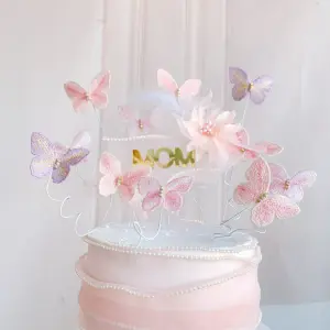 6 pcs set Mom with round transparent with butterfly and flower cake topper with 5 pcs butterflies
