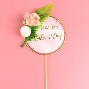 happy mothers day acrylic round metal with flower cake topper