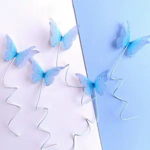 5 pcs fabric Blue butterfly topper with floral wires
