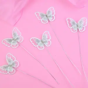 5 pcs fabric white texture butterfly topper with floral wires