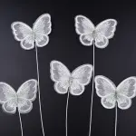 5 pcs fabric white texture butterfly topper with floral wires
