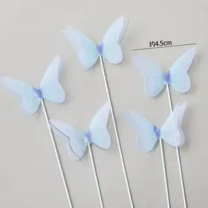 5 pcs fabric pastel Blue butterfly topper with floral wires