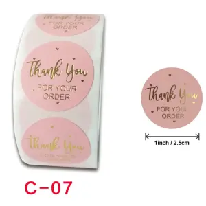 Pink thank you for your Order in golden foil Stickers Roll 1 Inch diameter 500 sticker roll