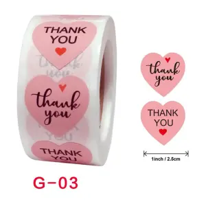 Pink heart shape Thank you Stickers Roll 1 Inch diameter 500 sticker roll