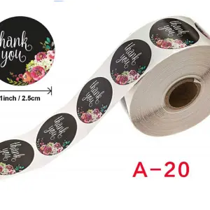 Black floral Thank Stickers Roll 1 Inch diameter 500 sticker roll
