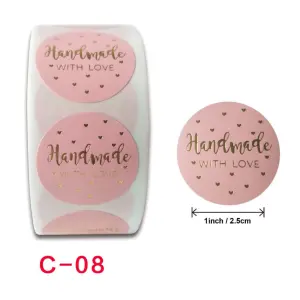 Pink handmade with love in golden foil Stickers Roll 1 Inch diameter 500 sticker roll