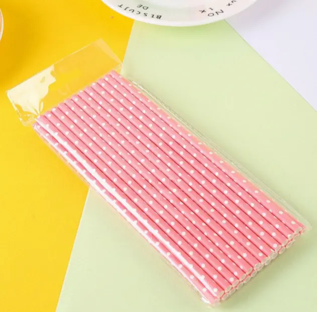 25pcs Pink Polka dot Printed Straws