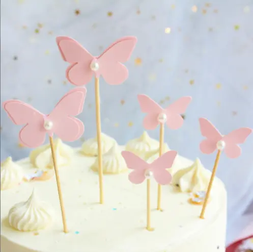 5 pcs Pink Pearl Studded Butterfly topper set
