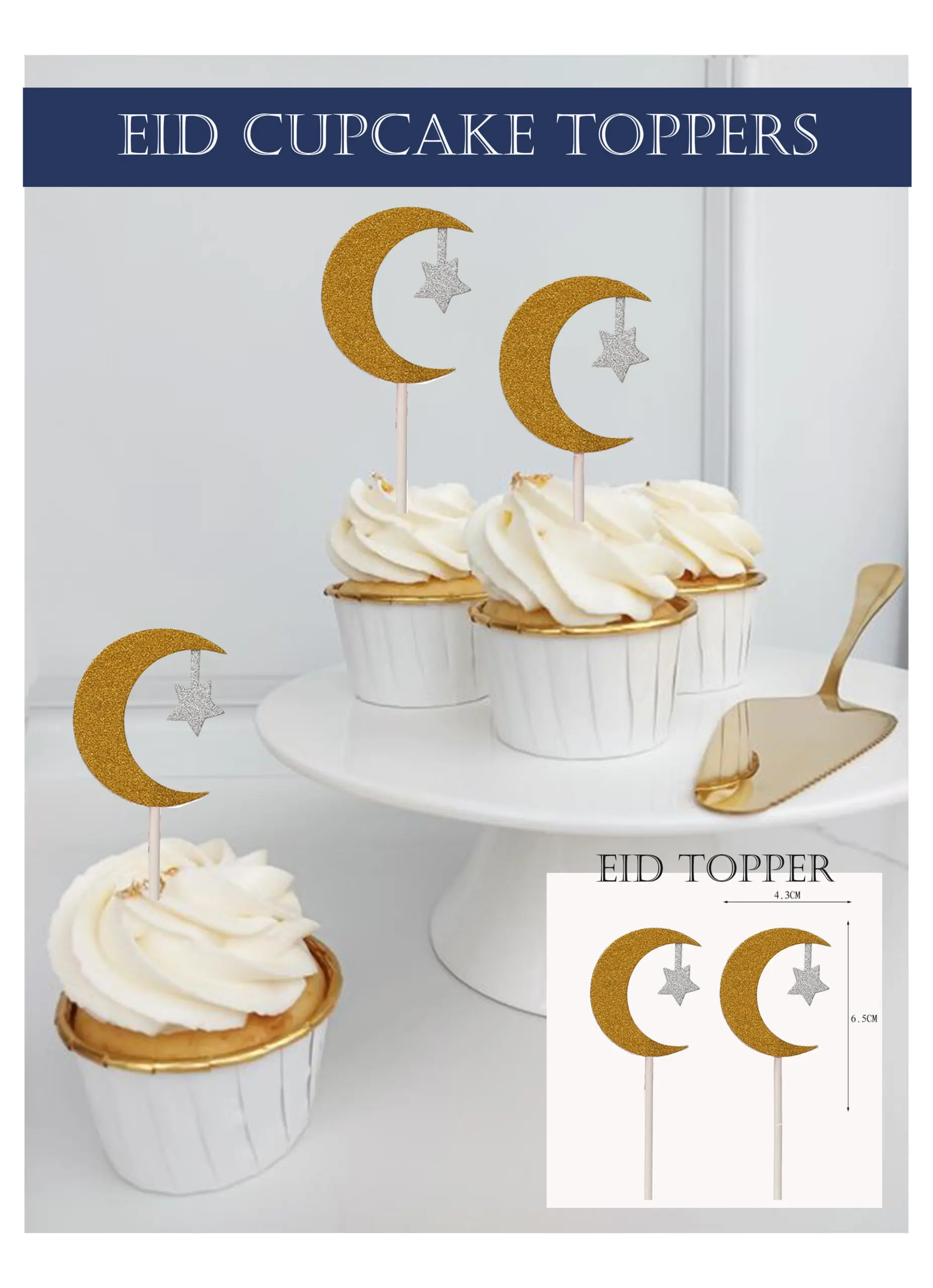 2 pcs moon and star Eid Mubarak cupcake topper
