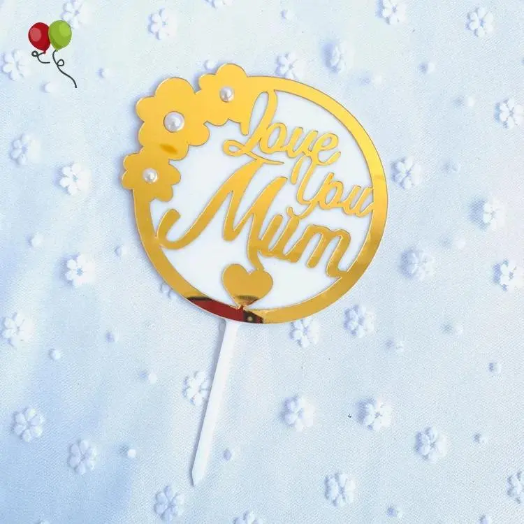 Love you mum double acrylic with flower pearl cake topper