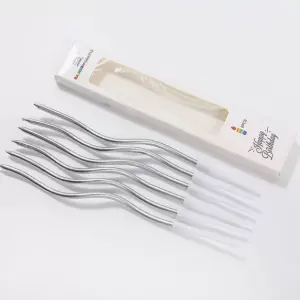 Silver Thin Long Curly Wavy Candle with Holder (Set of 6)