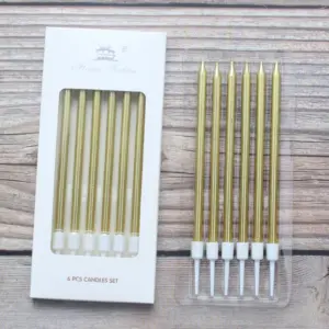 Gold Thin Long Candle with Holder (Set of 6)