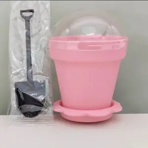 Pink Flower Pot Shape Mousse Dessert Cups with Lid & Spoon