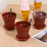 Brown Flower Pot Shape Mousse Dessert Cups with Lid & Spoon