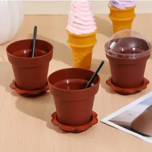 Brown Flower Pot Shape Mousse Dessert Cups with Lid & Spoon