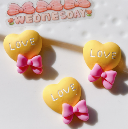 3 pcs Small yellow heart with pink bow cake topper set