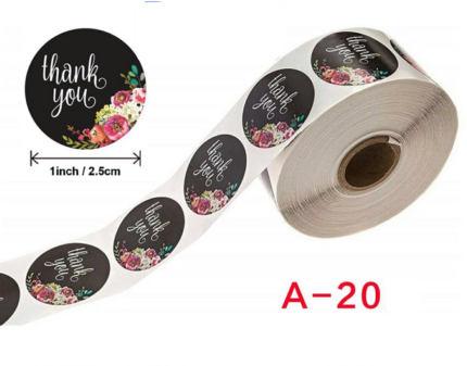 Black floral Thank Stickers Roll 1 Inch diameter 500 sticker roll