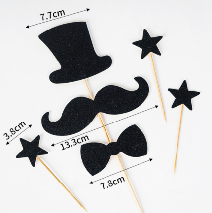 6 pcs Bow tie Mustache hat stars cake topper set